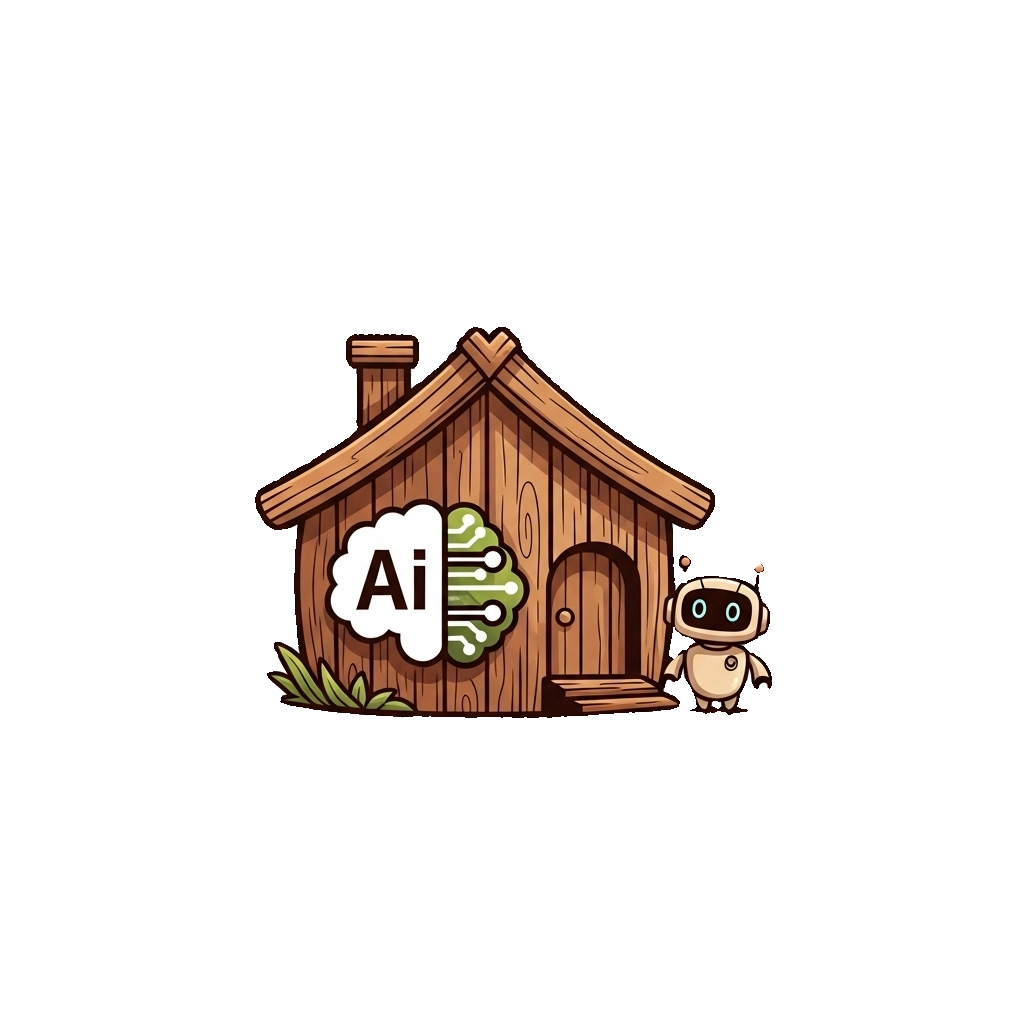 Ai-Hut Logo: Hütte mit KI-Gehirn und Roboter